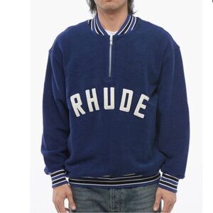 Rhude Navy Half-Zip Terry-Cotton Sweatshirt with White Logo